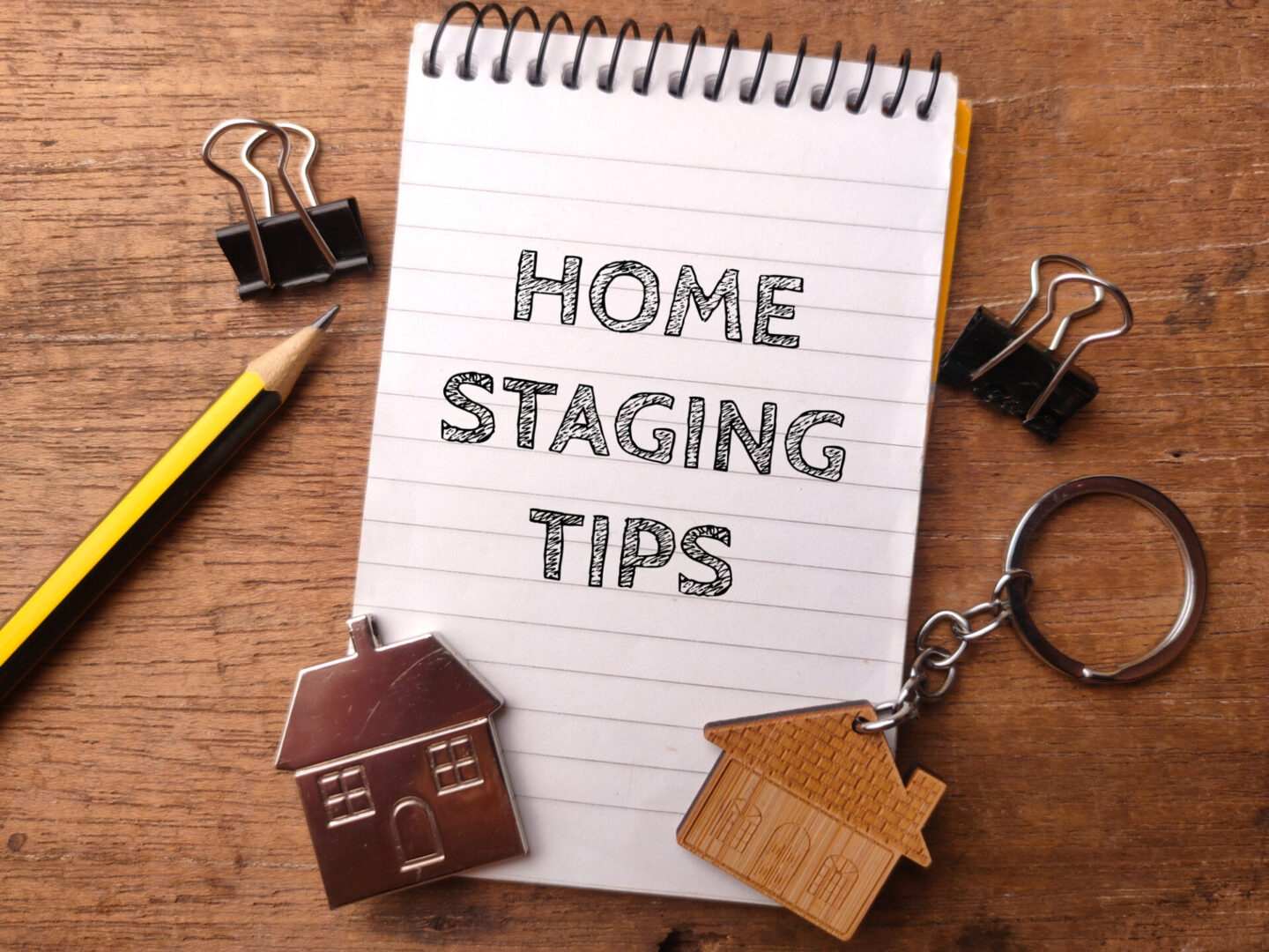 A notebook with the words home staging tips written on it.