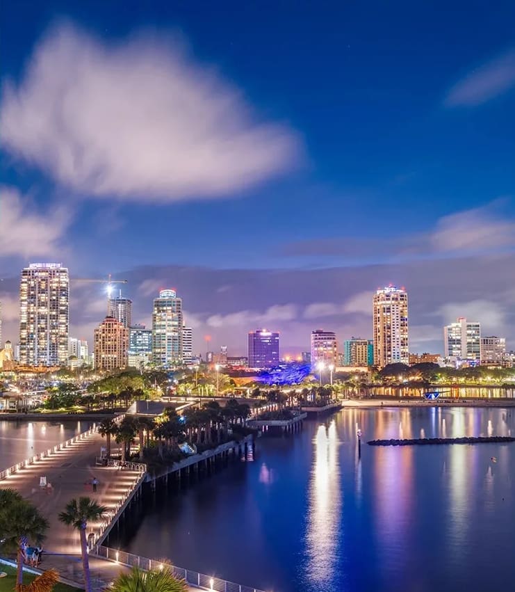 A view of the city skyline at night.