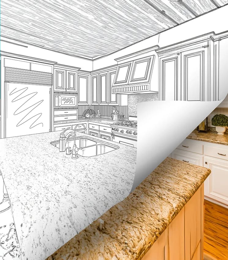 A kitchen with an unfinished drawing of the floor and counter.